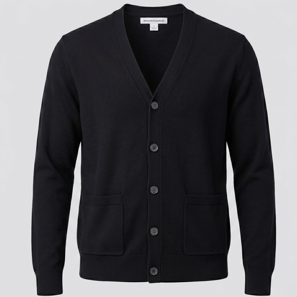 Amazon Essentials Mens M Black Cardigan Sweater V-Neck Cotton Knit Pockets
